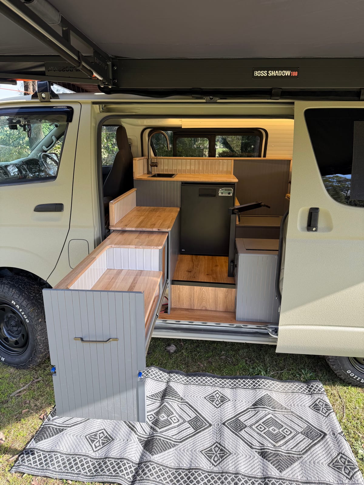 Khaki 4×4 Hiace — Galley, fridge and bench