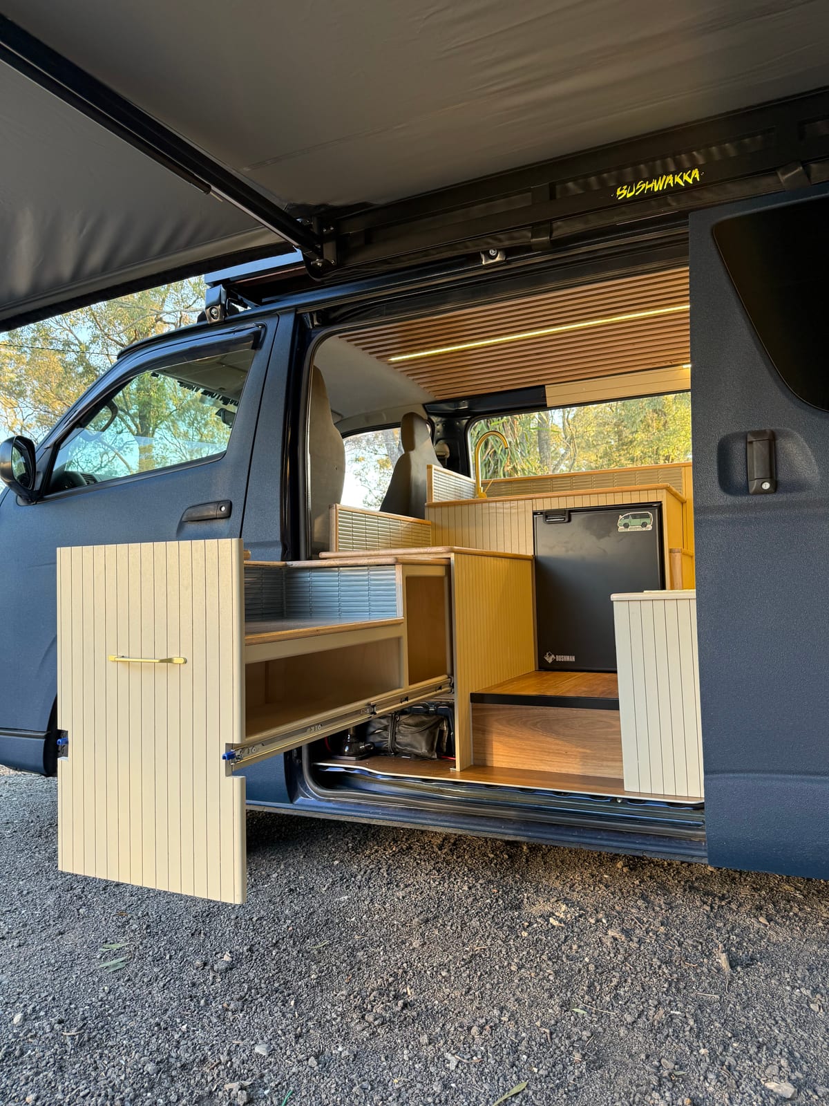 Navy 4×4 Hiace — Drawer bank and cabinetry