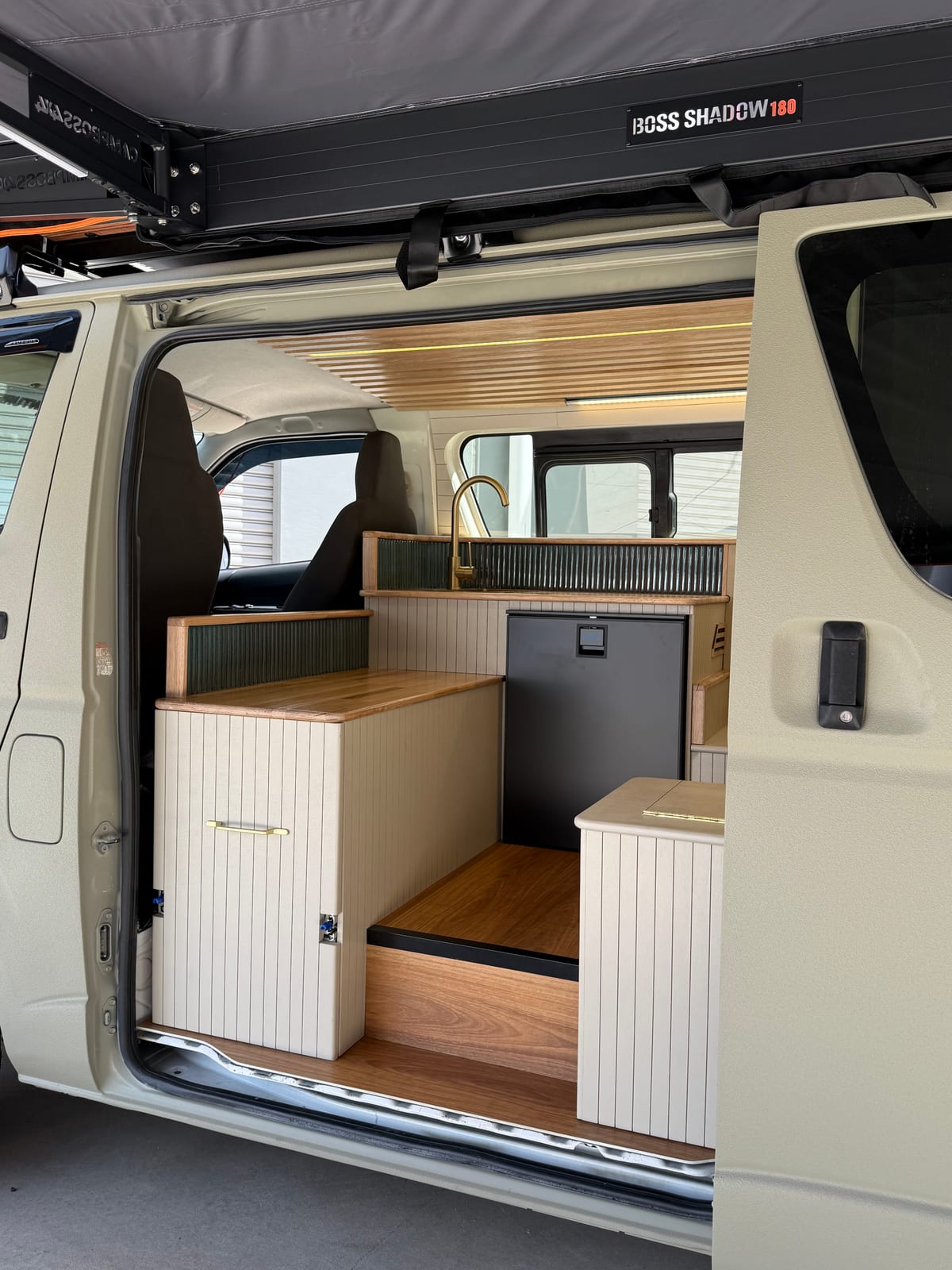 Sand Hiace — Bed platform and galley