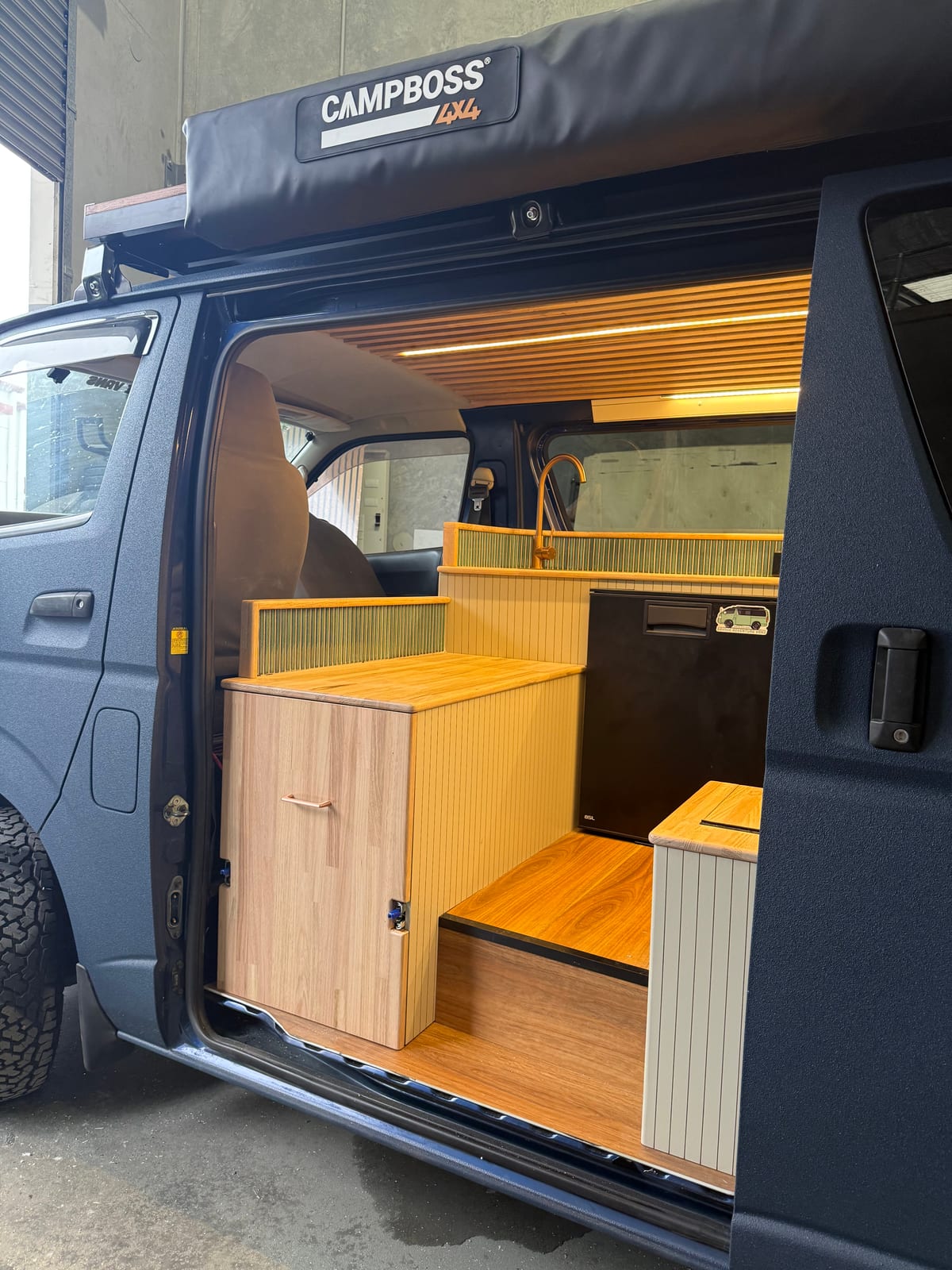 Slate Blue Hiace &mdash; Galley and fridge through the side door