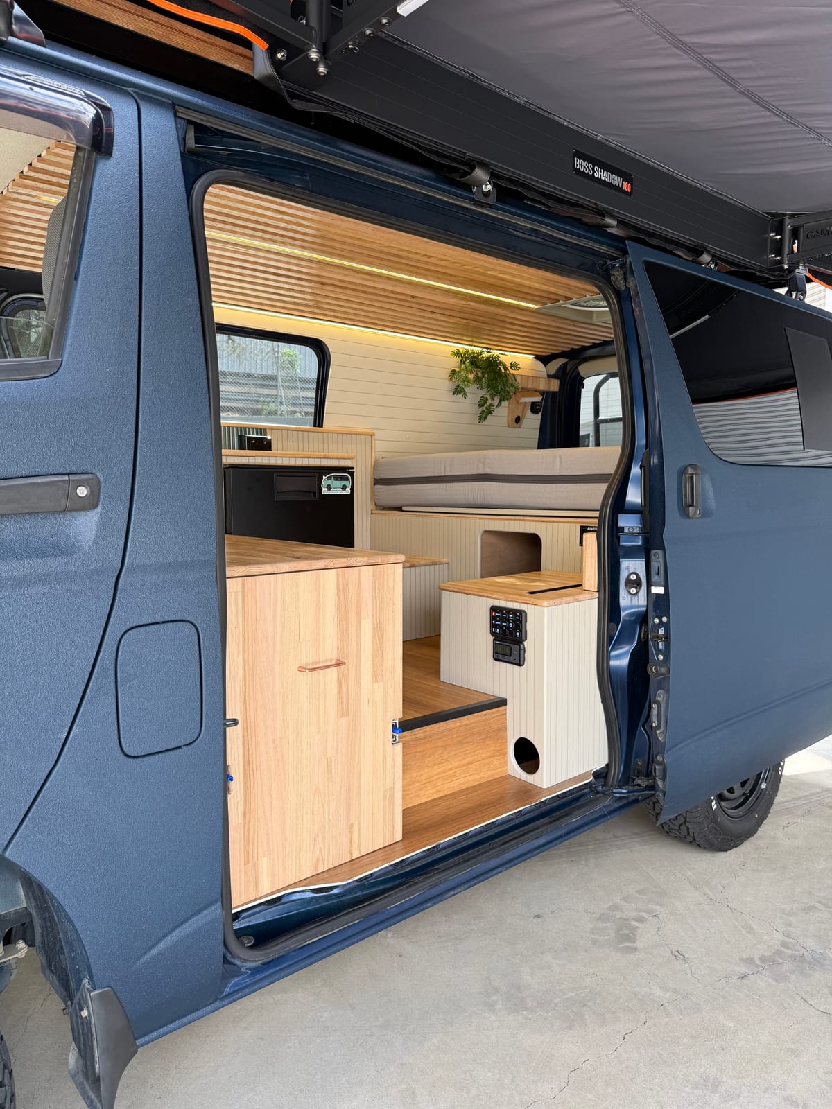 Slate Blue Hiace &mdash; Side door open on the finished fit-out