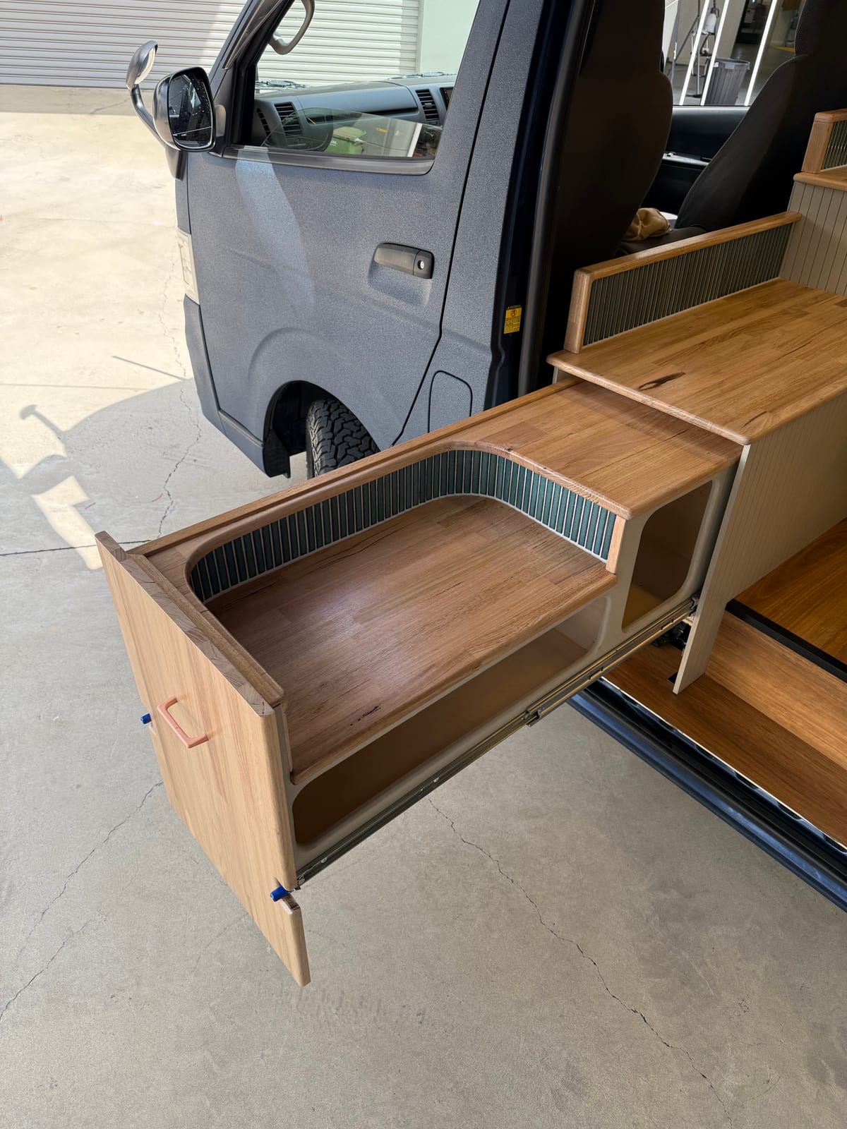 Slate Blue Hiace — Drawer runners and timber detail