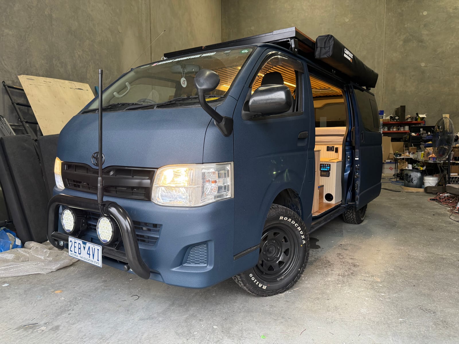 Slate Blue Hiace — Mid-build in the workshop