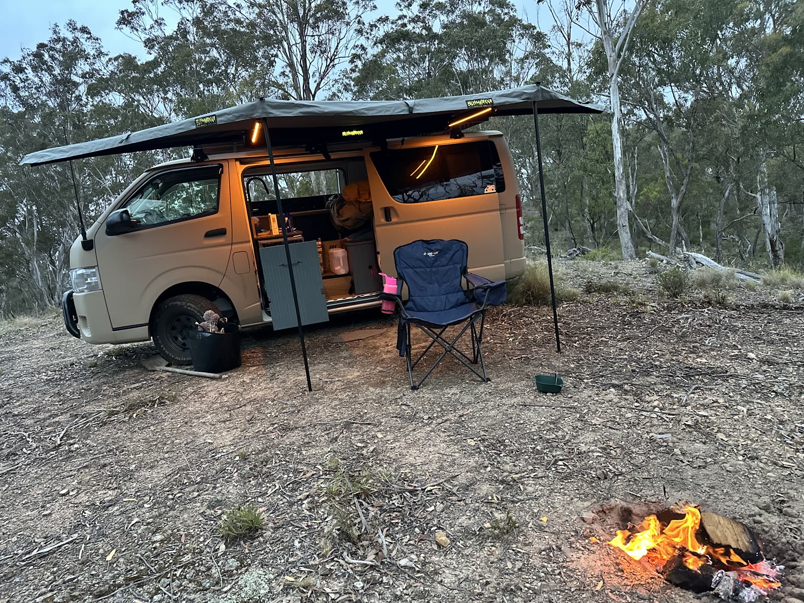Bush camp, fire going